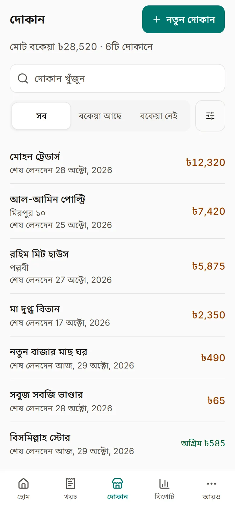 অ্যাপের দোকান পাতা: প্রতিটা দোকান তার বকেয়াসহ