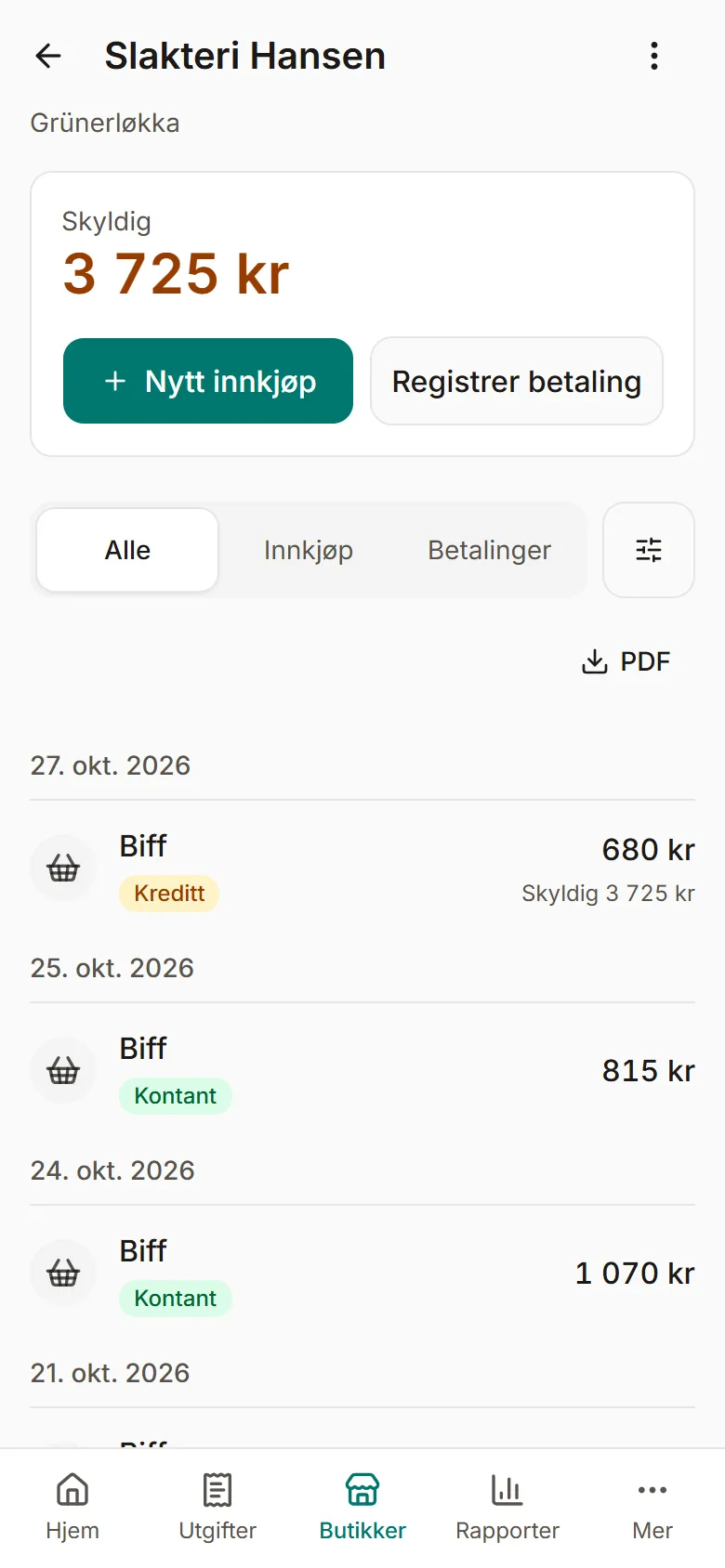 En butikks side i appen: skyldig beløp, og alle innkjøp og betalinger etter dato