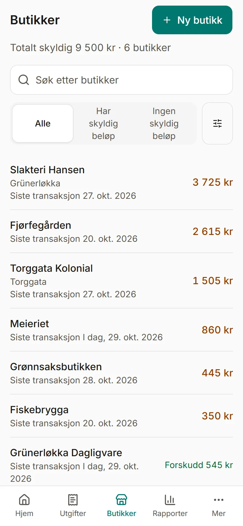 Butikker-siden i appen: hver butikk med skyldig beløp